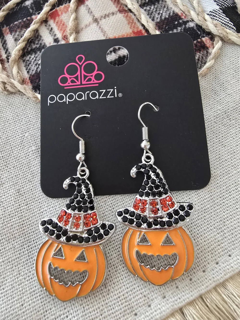 paparazzi Orange and Black Pumpkin Witch Hat Dangle Earrings